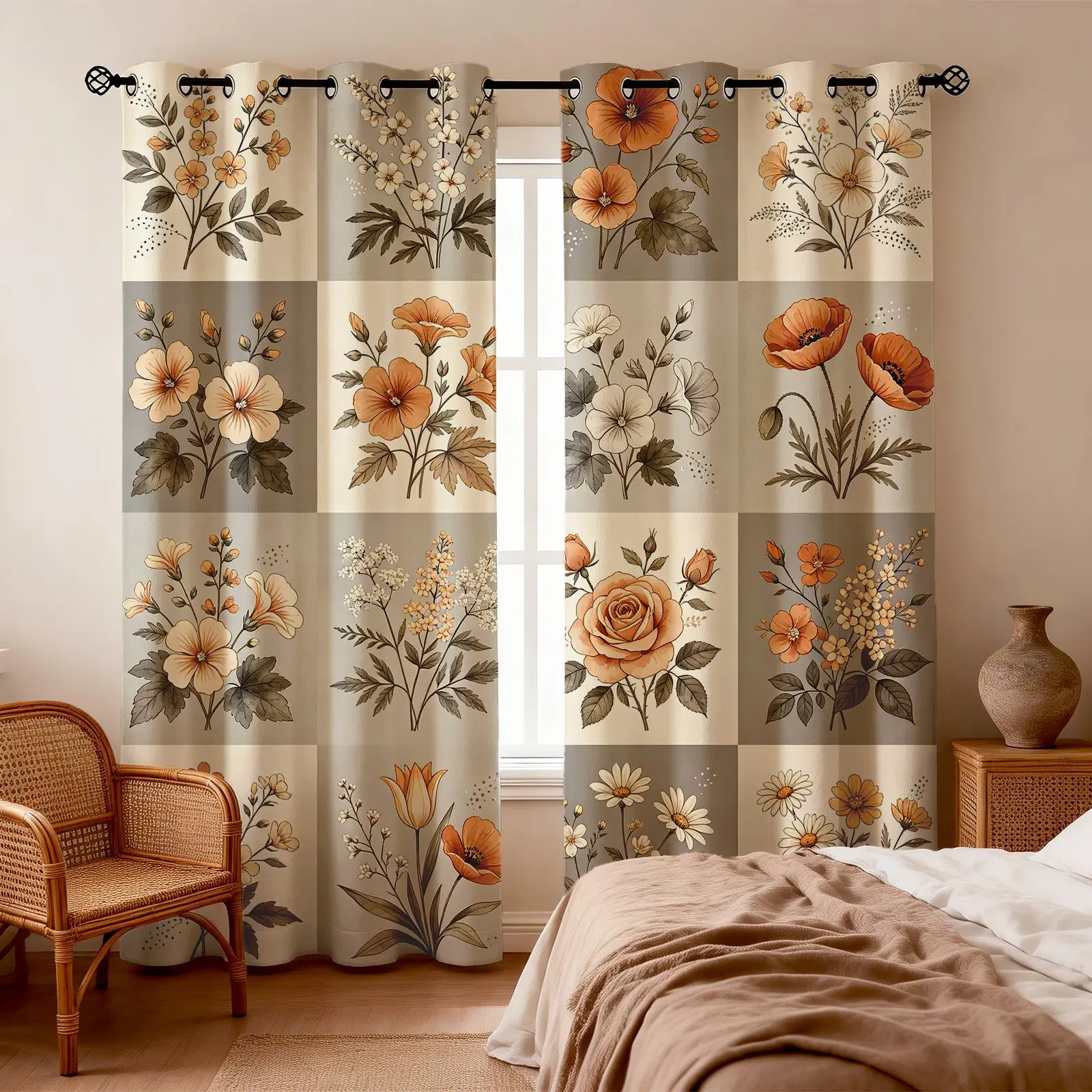 2PCS Vintage Floral Checkerboard Blackout Sunshade Curtains, Soft Fiber Fabric, 85% Light Blocking, Gentle Washable, All Season, Ideal for Bedroom Dorm Decor, Gift Idea