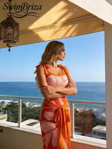 Briza｜Stylish Summer Women's Swimsuit Set: One-Piece Bodysuit + Wrap Skirt, Sexy Orange Color, With Bow-Tie Suspenders And Stretchy, Comfortable Fabric. Perfect For Valentine's Day, Girlfriend, Sports, Outdoor Activities, Beach Vacations.