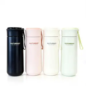 New minimalist straight-sided thermos cup, solid color, easy to carry, suitable for home use, with carrying strap and built-in tea infuser.