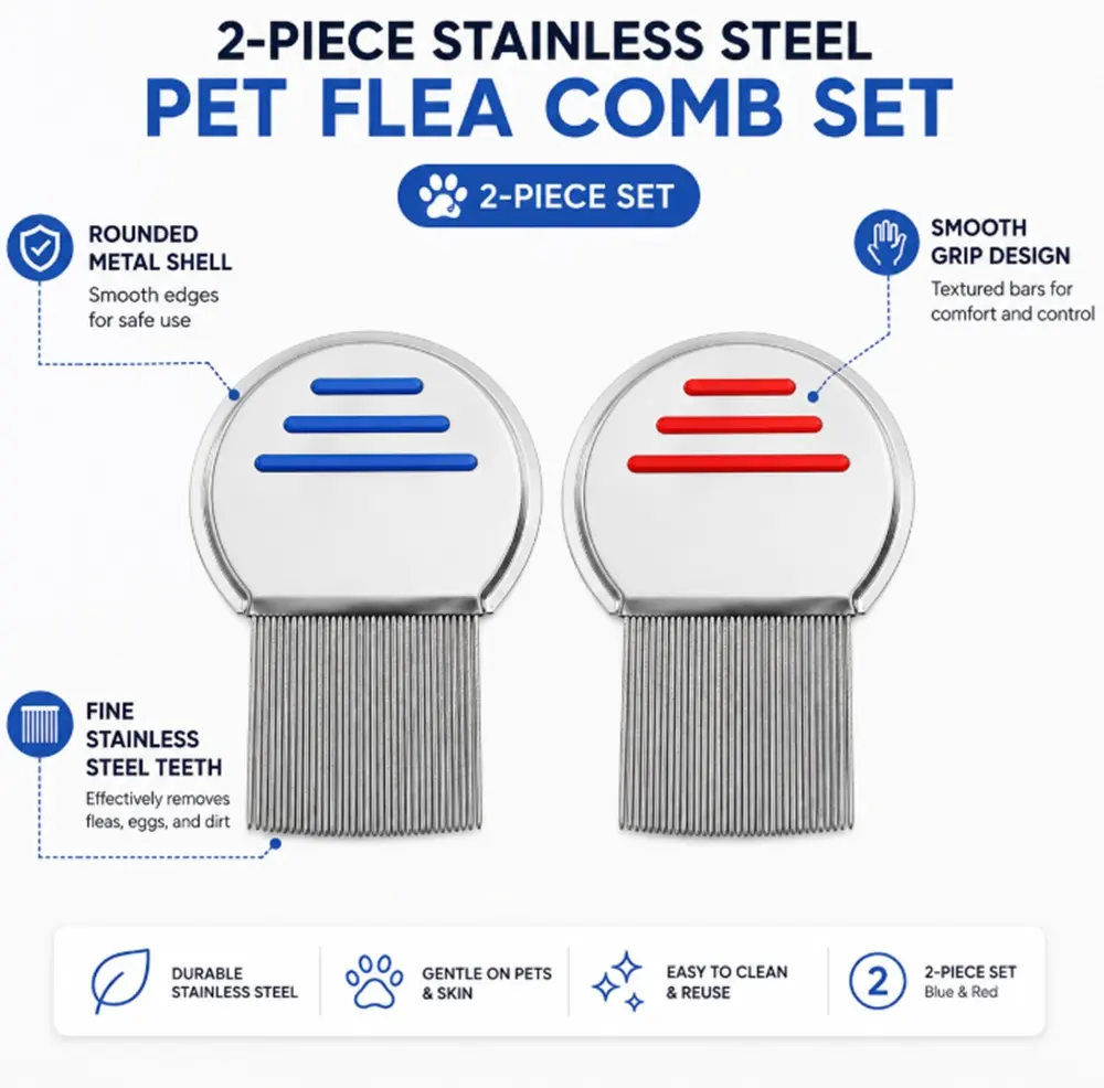 TIKA 2-Pack Flea and Lice Comb for Dogs and Cats, Stainless Steel Pet Grooming and Tear Stain Remover