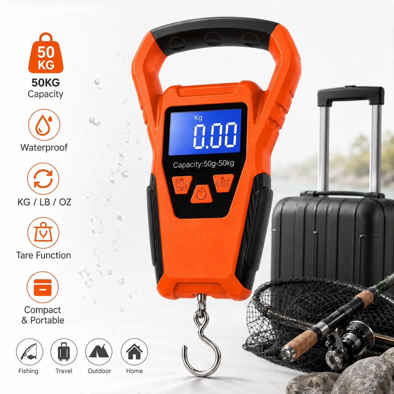 Digital Fishing Scale with Built-in Tape Measure, Handheld Plastic Body with Ergonomic Grip, 110 lbs Max Capacity, Battery-Powered, oz/lb/kg Units, Digital Weighing Scale, Batteries, Heavy Duty, Anglers, Scale + Tape sport accessory