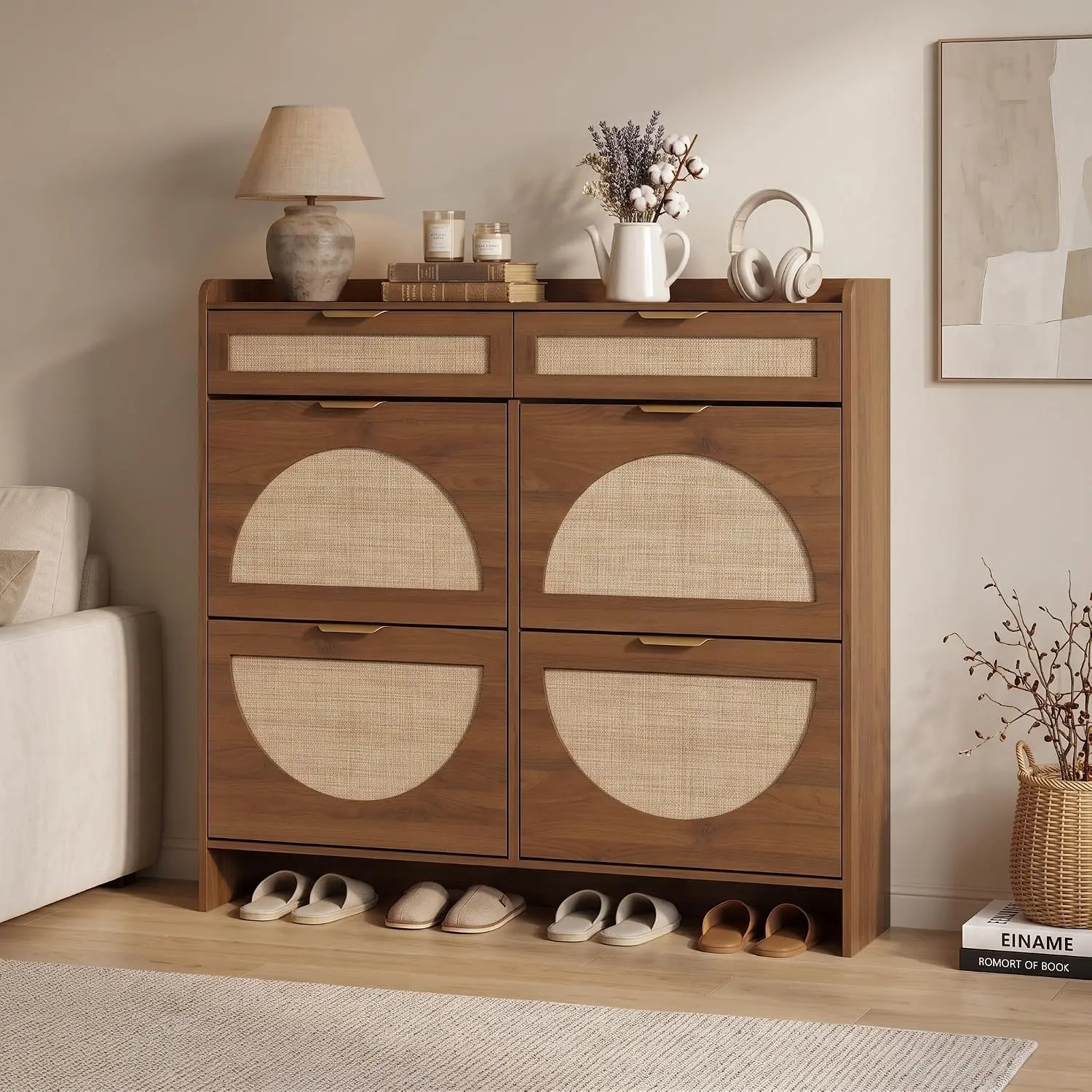 PieDle Rattan Shoe Storage Cabinet with 2-4 Flip Drawers & 2 Drawers, Freestanding Organizer for Front Door Entrance, Hidden Narrow Shoe Rack Cabinet Storage for Entryway