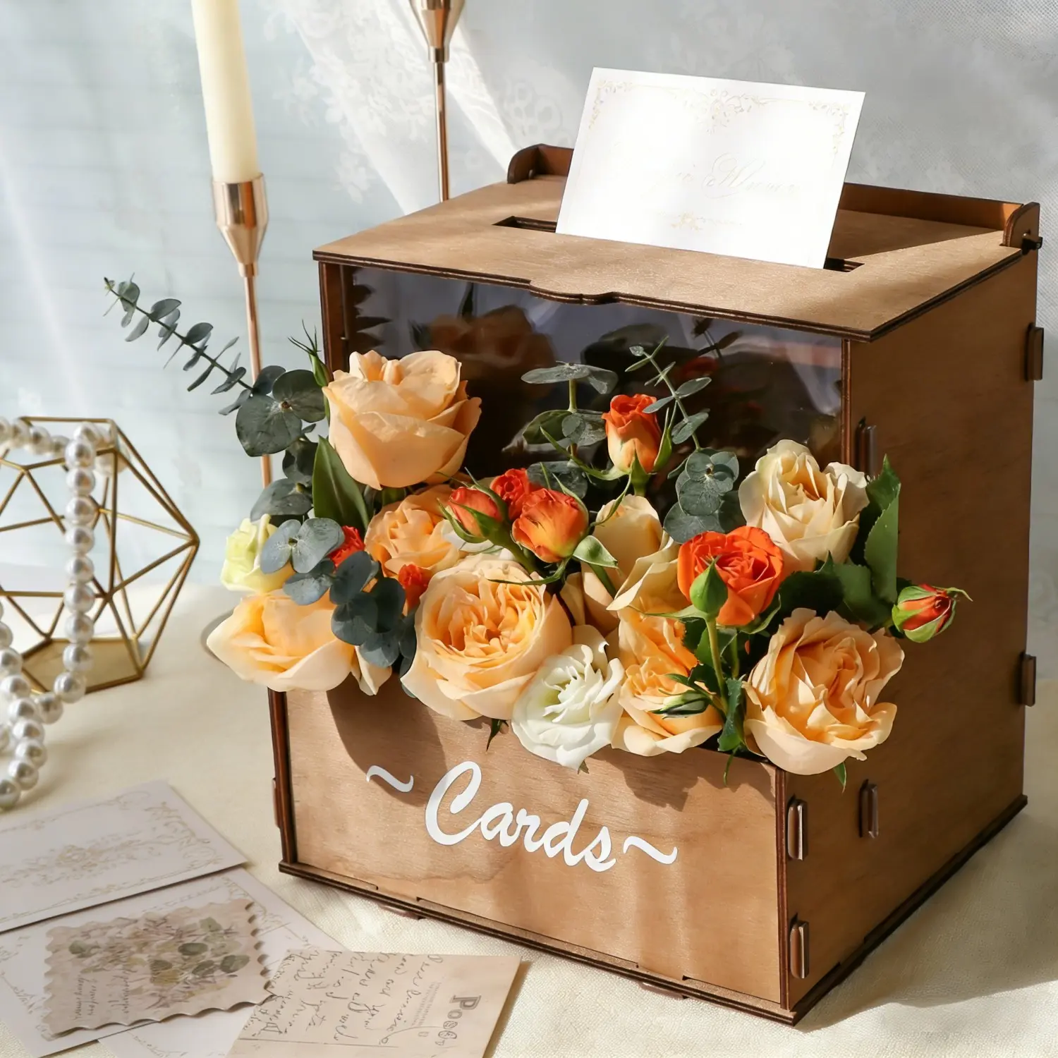 Wooden wedding card holder with a flower slot for displaying fresh flowers and party postcards. Perfect for weddings, parties, home decor, Christmas, Halloween, and other occasions. Includes cards. Graduation Memory Card Box