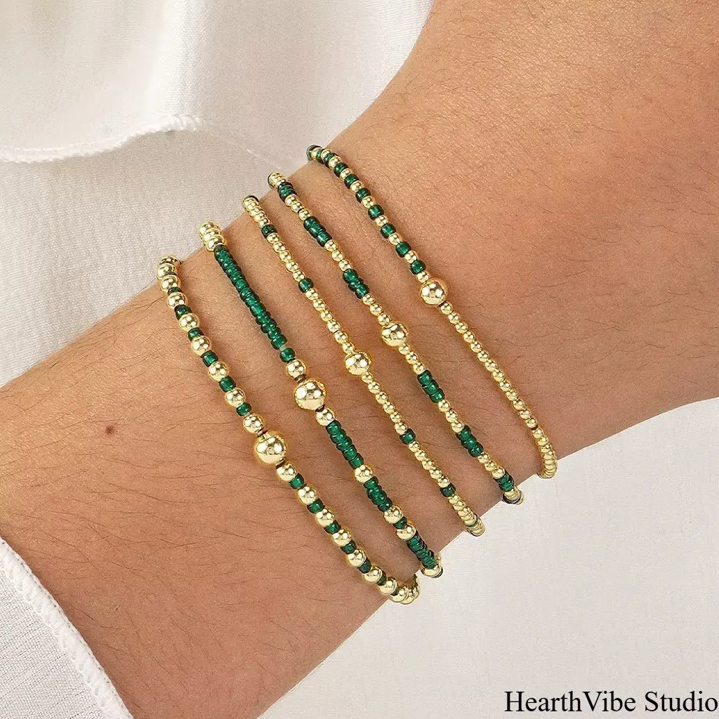 Unisex 5-Piece Gold Seed Bead Sports Wristbands Set - Gold Plated Stretch Multilayered Boho Bracelets, for Sports & Outdoor Use, Five-Pieces