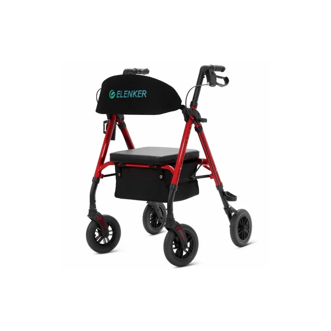 Elenker KLD-9218 8" All-Terrain Foldable Rollator Walker - Flat-Free PU Tires, Dual Braking System, Shock-Absorbers, Adjustable Height, Padded Seat & Wide Backrest, Under-Seat Storage, Cane/Cup Holder, 300 lb Capacity, Padded Seat And Wide Backrest