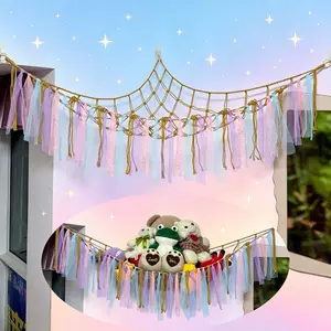 Lace Doll Storage Net, Wall-Mounted Large Capacity Plush Toy Hammock, Bohemian Style Decorative Organizer, Includes 3 Hooks, Home Storage Supplies