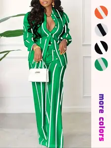 Women's Striped Print Button Front Pants Set Suits, Elegant Long Sleeve Collared Blouse & High Waist Pants, Ladies Spring & Fall Outfits for Work Office