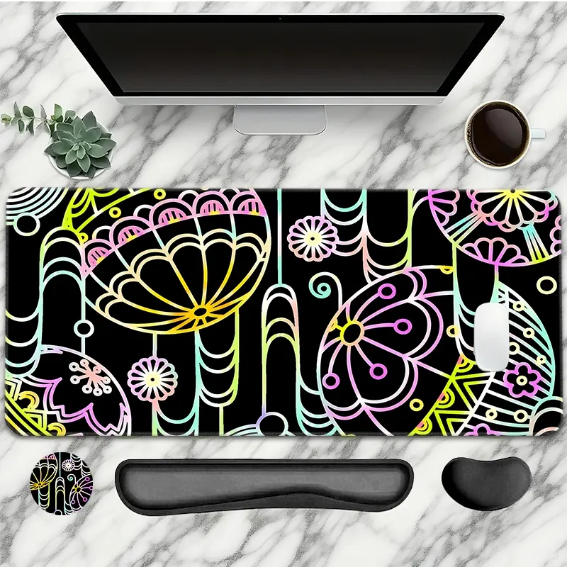 Colorful Floral Pattern Mouse Pad With Wrist Rest Set 4PC Colorful Large Gaming Mouse Pads Space Style Mouse Pad For Desk XXL Non-Slip Rubber Base Desk Pad Keyboard Mat For Office Home Desktop Protector Decor Mousepad Desk Mat Mousepads