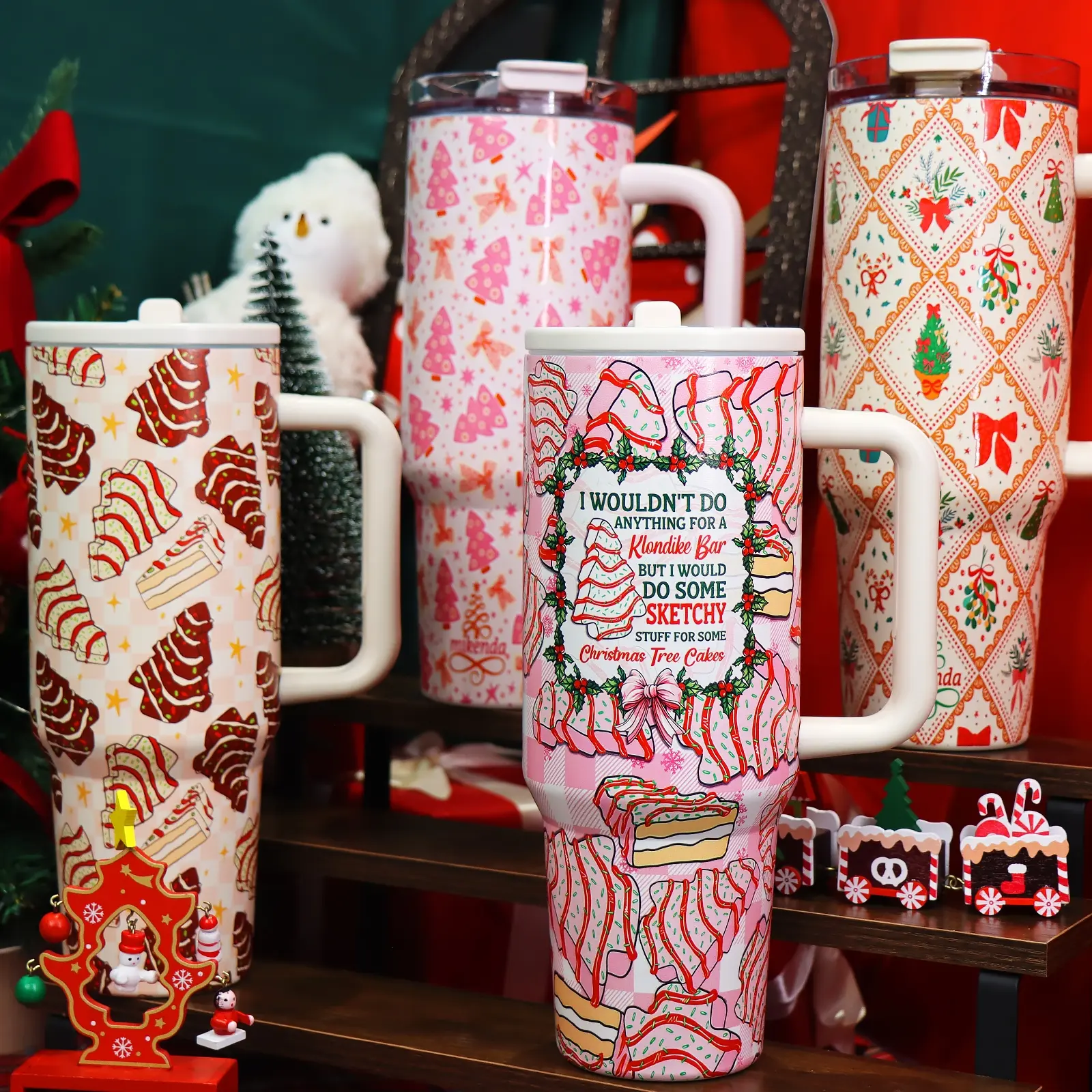 1 Pc 40oz insulated thermal mug with handle, double wall leak-proof vacuum cup, pink Christmas tree and bow pattern, festive holiday design, keeps hot 12 h/cold 24 h, large capacity tumbler, Insulated travel tumbler, Vacuum Flasks