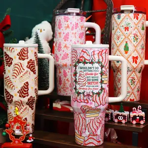 1 Pc 40oz insulated thermal mug with handle, double wall leak-proof vacuum cup, pink Christmas tree and bow pattern, festive cute holiday design, keeps hot 12 h/cold 24 h, large capacity tumbler for hot cold drinks, Thermos Cup, Thermal Flask