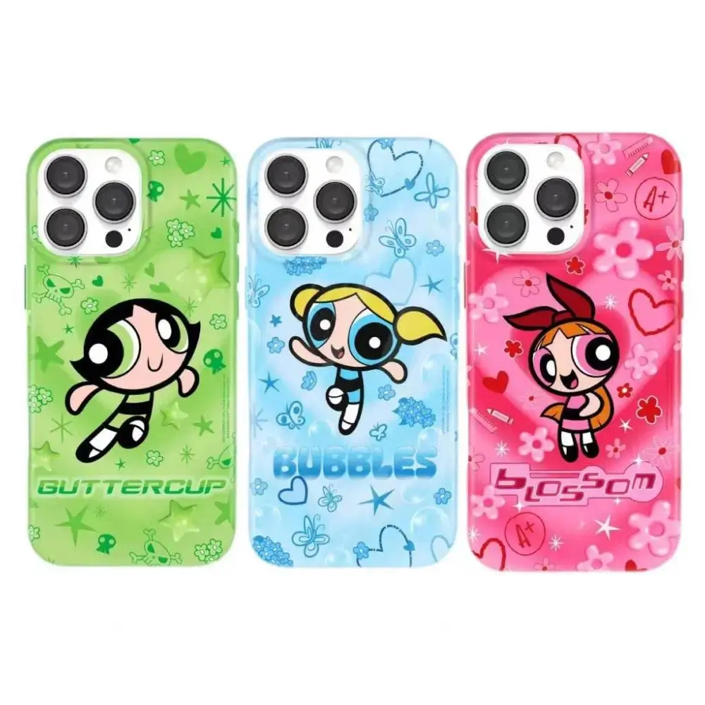 Powerpuff Girls Airbrush Hearts Cute Phone Cases For iPhone 17 Promax Pro Air 16 Plus 15 14 13 12 Luxury Double-layer Back Cover Gift For Birthday Christmas Halloween Protective Cellphone