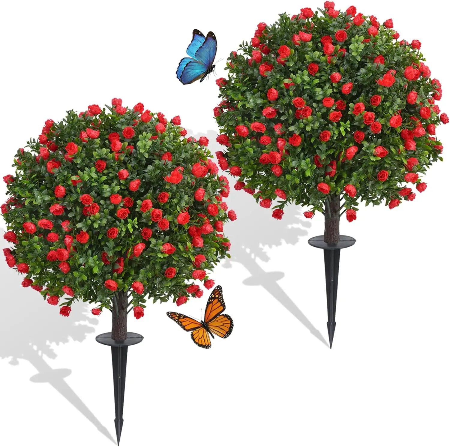 Dense Red Rose Artificial Topiary Ball Trees, 2-Pack 24-In Decorative, UV-Resistant No-Fade Fake Plants with Ground Spike, Outdoor Faux Shrubs for Garden Patio Indoor Decor fall decor flower bouquets