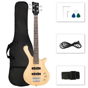 GW101 36in Small Scale Electric Bass Guitar Kit with Mahogany Body, SS Pickups, 24 Frets, 25.5in Scale, Bag Strap Cable, Burlywood