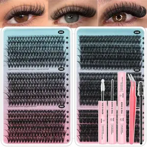 D-Curl Lash Cluster Eyelash Extensions Kit (708PCS, 30D-100D, 10-16mm Mixed Lengths) - DIY Wispy Individual Eyelash Clusters with Waterproof Bond, Seal, Tweezers, Makeup Products, At-Home Friendly