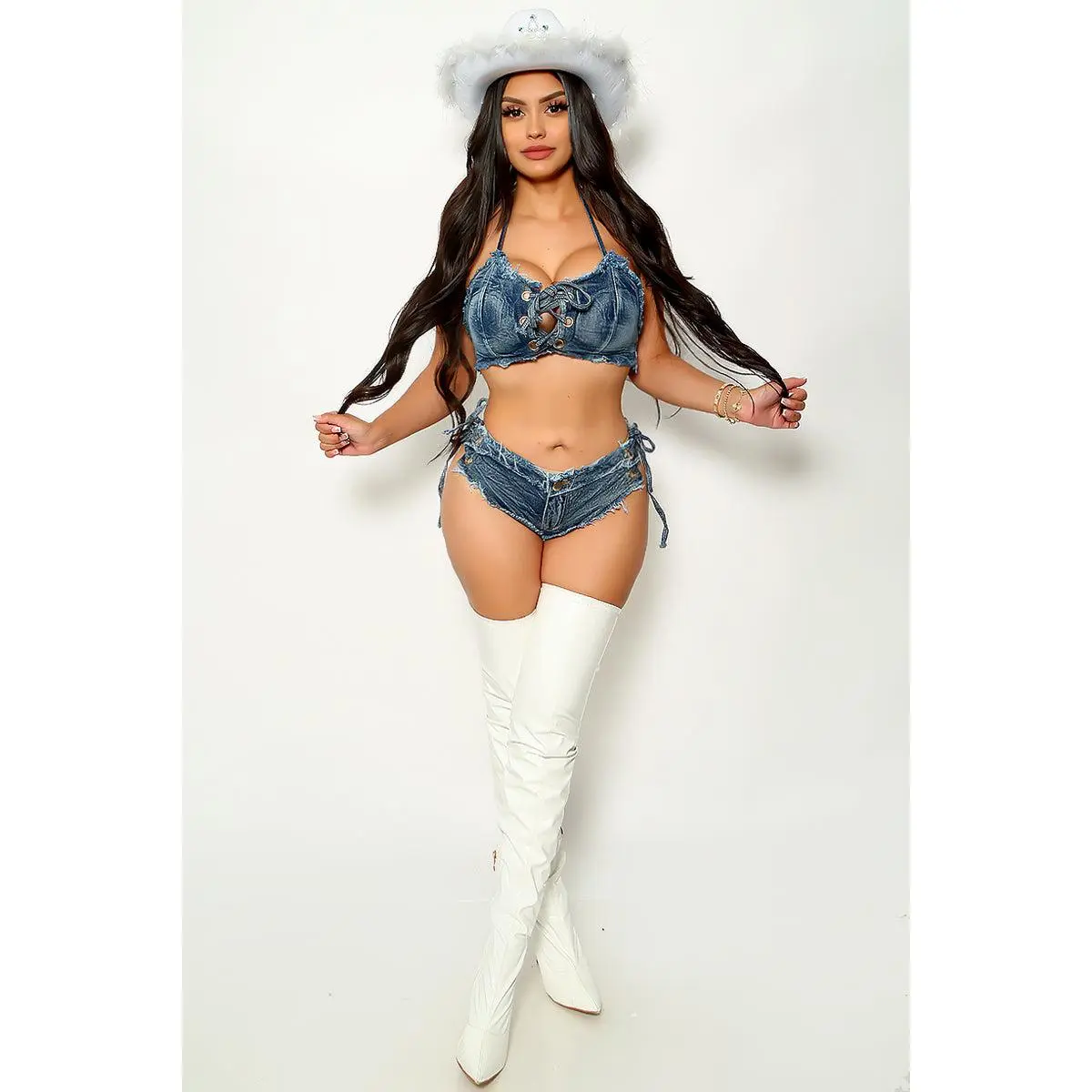 Blue Denim Fringe Distressed 2Pc Cowgirl Costume