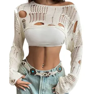Asymmetrical Neck Long Sleeve Ripped Cropped Sweater
