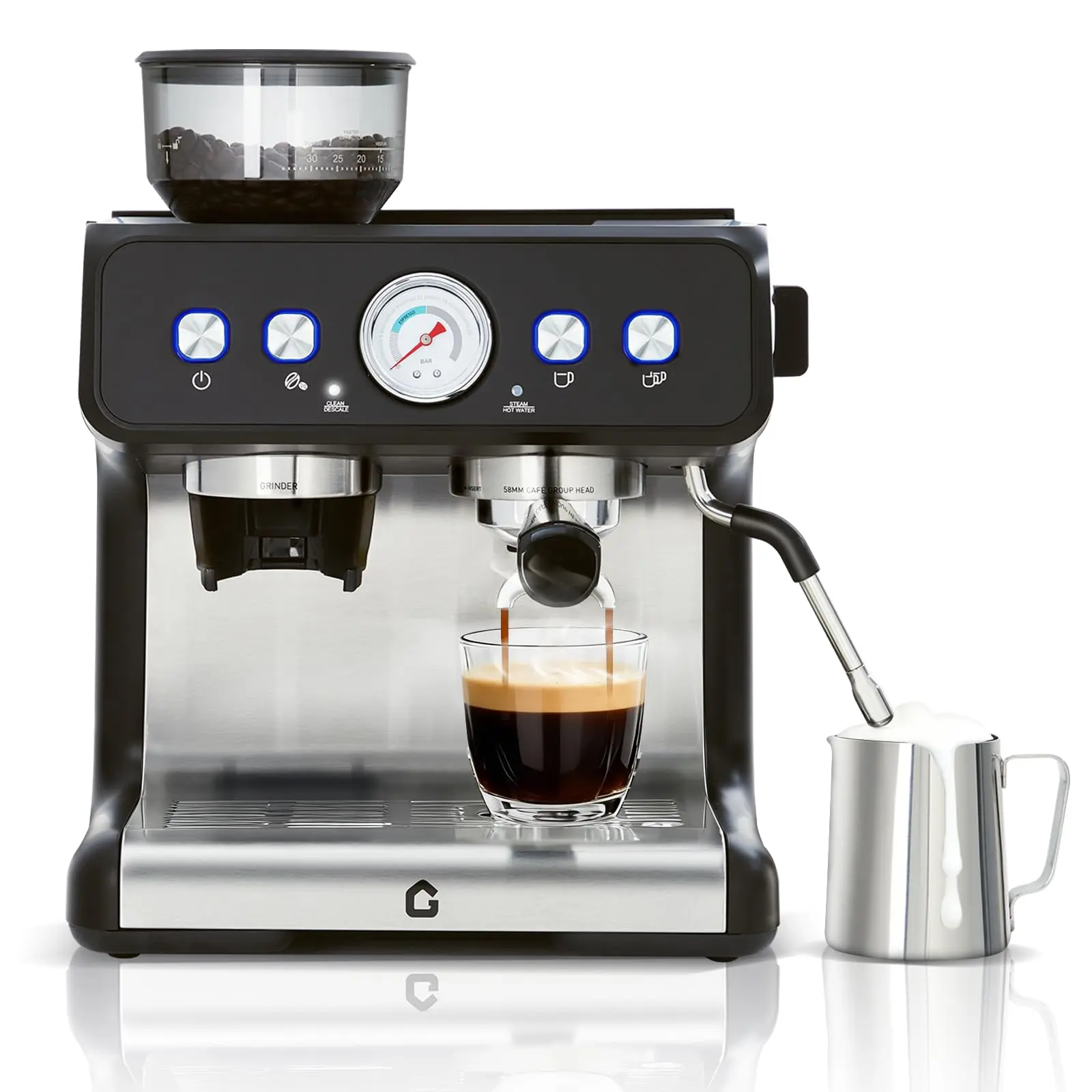 GARVEE 20 Bar Pressure Stainless Steel Espresso Machine with Grinder, 2.8L Removable Water Tank, Milk Frother Steam Wand for Latte/Cappuccino - Adjustable Shot Volume, Professional Home/Office Use-SALE