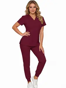 1 Set Women's Healthcare Basic Scrub Set Uniforms with Multi-Pockets, Short-Sleeve Casual Loose-Fitting Design in Breathable Quick-Dry Wrinkle-Resistant Fabric, for Home and Clinic Use, Nurse Esthetician Workwear Womenswear