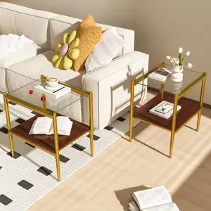 Set of 2 Rectangle End Table, Tempered Glass Tabletop with MDF layer, Modern Table for Living Room , Transparent/Gray/Brown Glass