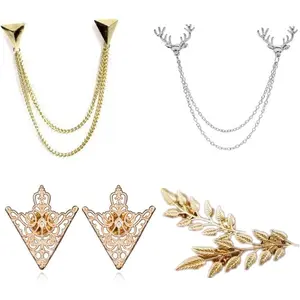 4 Pcs Deer Head Double Link Chains, Gold Stud, Retro Hollow Pattern and Angle Triangle Tassels Collar Pins Brooch Clip Pin Brooches Shirt Collar Decoration Parts