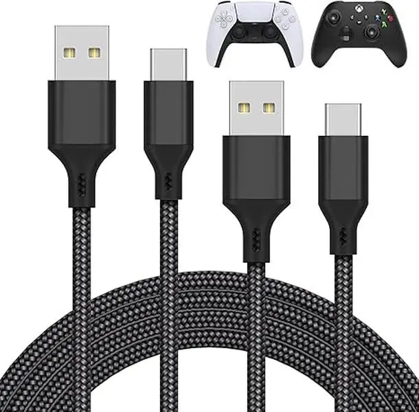 MENEEA Nylon Braided USB-C Charging Cable Double Pack (2 x 10ft) - 10,000 cycle bend test, 5V/2A+ output, compact connector heads, overload/short-circuit protection for gaming consoles, smartphones