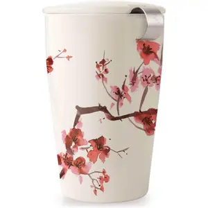 Double-Walled Ceramic Kati Cup, Removable Stainless Steel Infuser Basket and Lid, Steeps 12 oz Loose Leaf , Dishwasher & Microwave Safe, Cherry Blossom