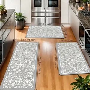Grey Geometric Floral Kitchen Rugs Set, Non-Slip Washable Floor Mats, Lattice Pattern Runner Carpets for Kitchen, Bathroom & Farmhouse Decor
