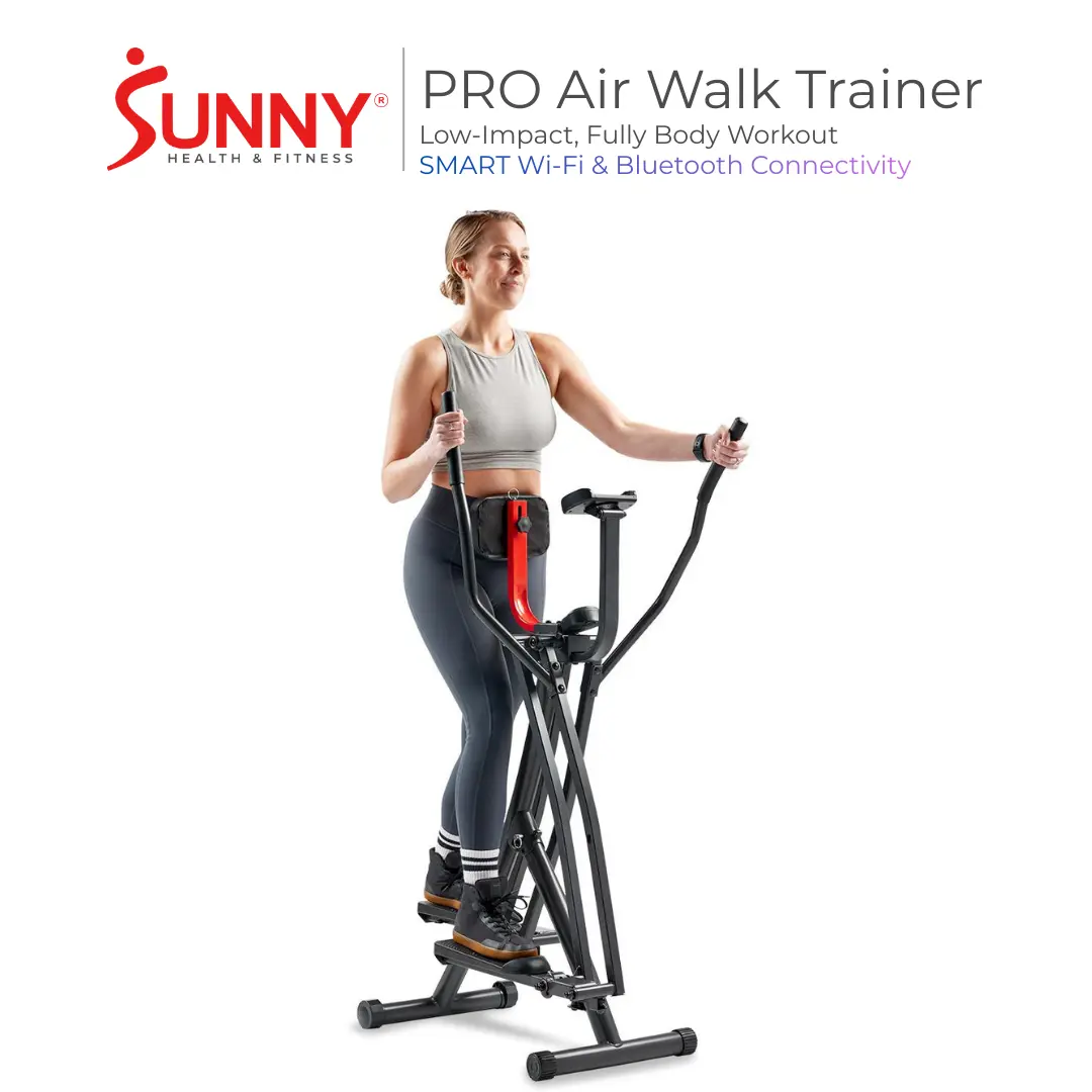 SUNNY PRO Air Walk Trainer Home Gym Workout Fitness Low Impact Mobility Full Body Cardio Machine with 30 Inch Long Stride Adjustable Magnetic Resistance Foldable Space Saving Design Wifi Bluetooth Connectivity for Rehabilitation Exercise