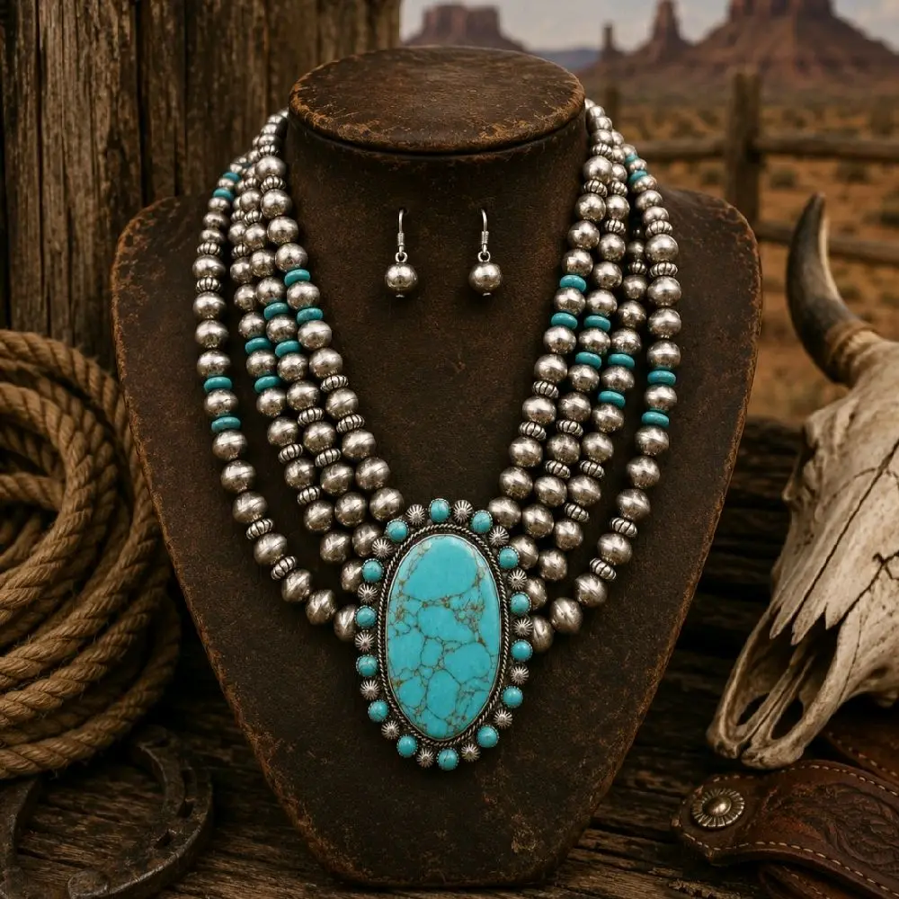 Chunky 2-Piece Large Turquoise Stone Bead and Pearl Necklace Set with Earrings