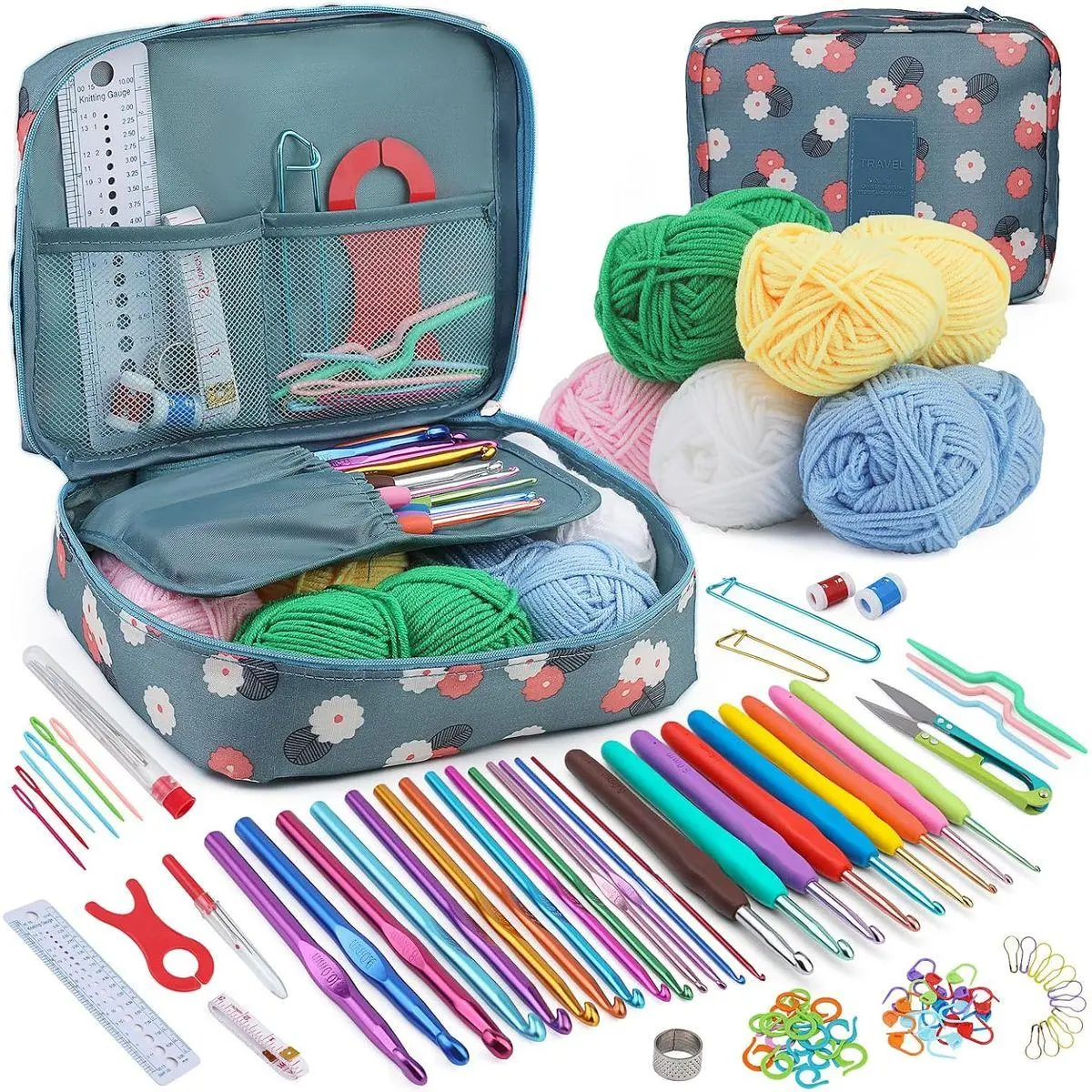Crochet Kit for Beginners Adults, 107pcs Starters Knitting Kit Include Crochet Yarn, Ergonomic Crochet Hooks, Knitting Tool Supplies for Travel Craft DIY