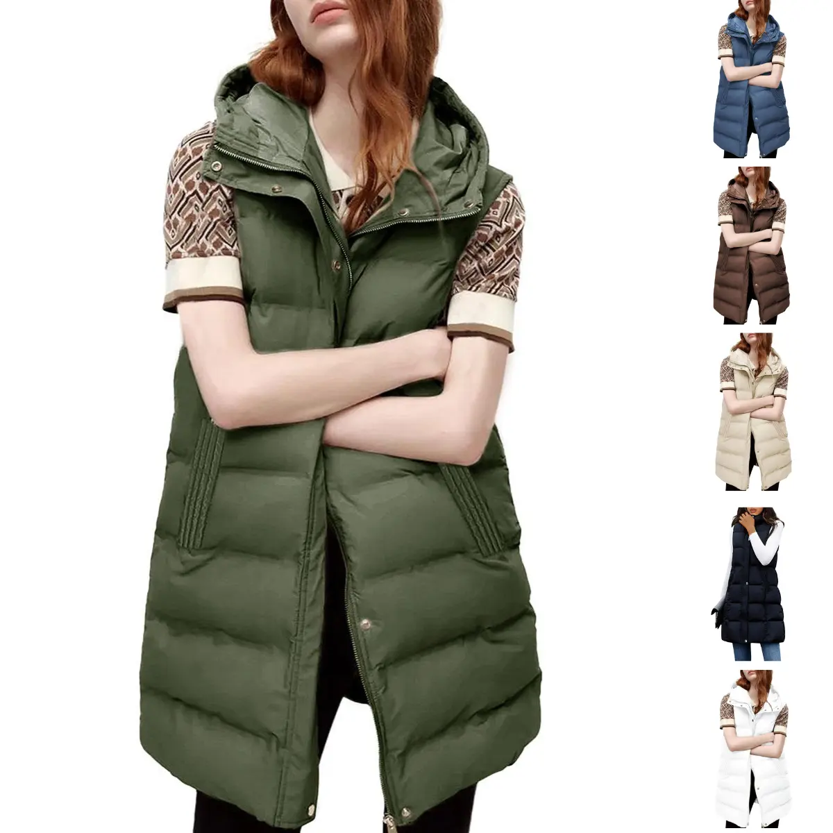 JovenPara Women's Long Cotton Sleeveless Puffer Vest - Casual Fashion Vest, Soft Breathable, Removable Hood, Polyester Lining, Tops, Puffer Gilet