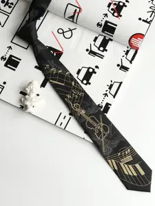 Premium 2400 Needle Jacquard Skinny Tie, Elegant, Unique Violin & Piano Pattern Embroidered, Artistic Necktie for Music Lover, Musical Artistry, Concerts, Musical Notes, Gift Box included, Designer Tie, Unisex Tie