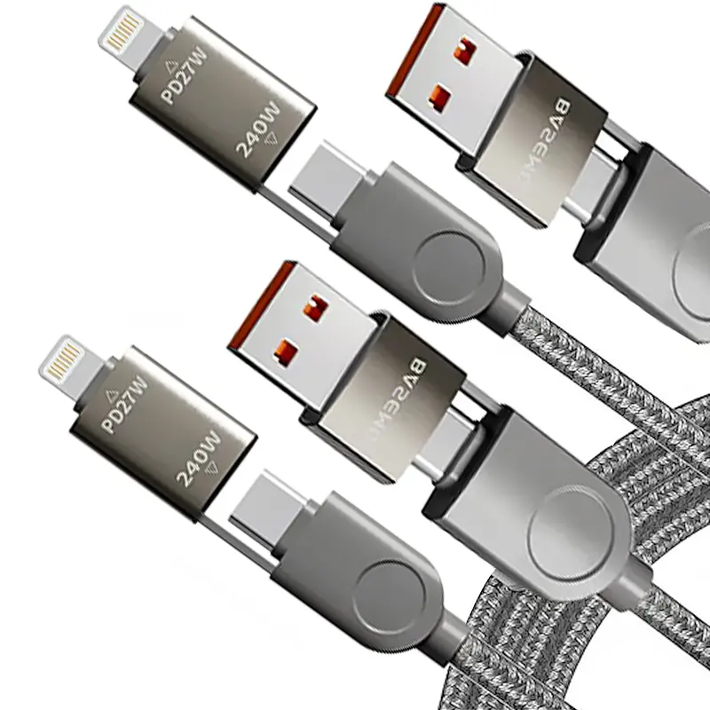240W 4-in-1 Magnetic Self-Winding Super Fast Charger - USB-C/Lightning Cable Adapter, Type C Charging Solution for Smartphone, Cellphone