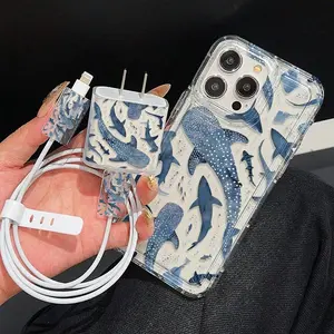 5-Piece Cellphone Case Set with Clear Airbag Whale Shark Full Screen Charger Case 2 Cable Holder Cases Silicone Cable Tie Compatible with iPhone 11 to 15 Series Smartphone Cover