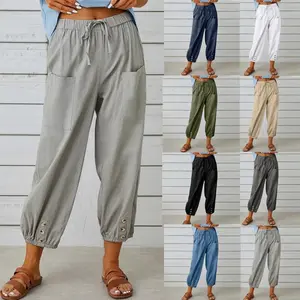 2025 Loose High Waist Button Cotton and Linen Trousers Cropped Pants Wide Leg Women's Pants Women's Loose Capri Pants with Pockets Casual Womenswear Adjustable Bottom Drawstring Everyday Basic Fitted Minimalist White Style