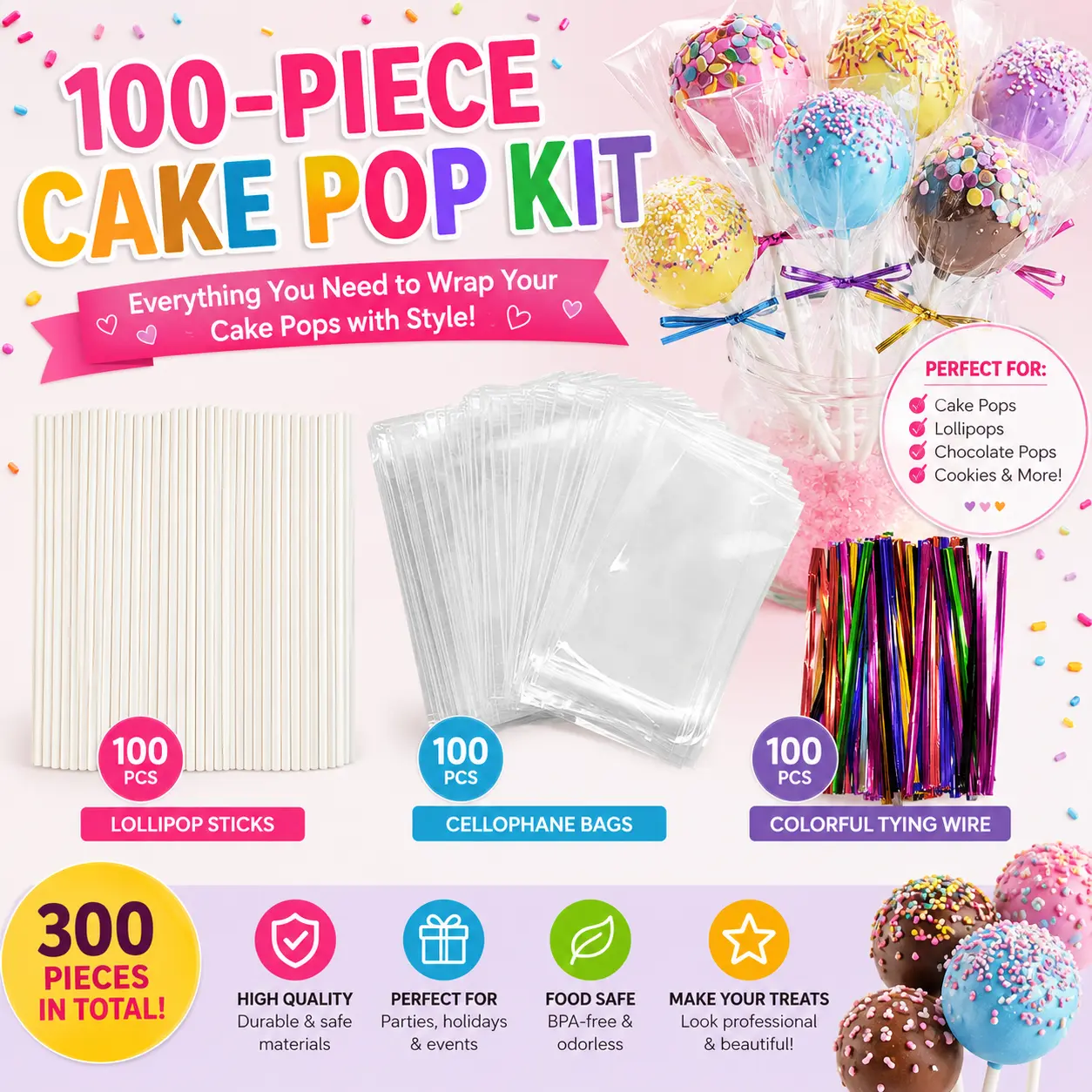 100-Piece Metallic Cake Pop Set - 3.9-Inch Lollipop Sticks, Cellophane Bags, Colorful Wire, Cake Decorating Supplies for Party Treat Wrapping