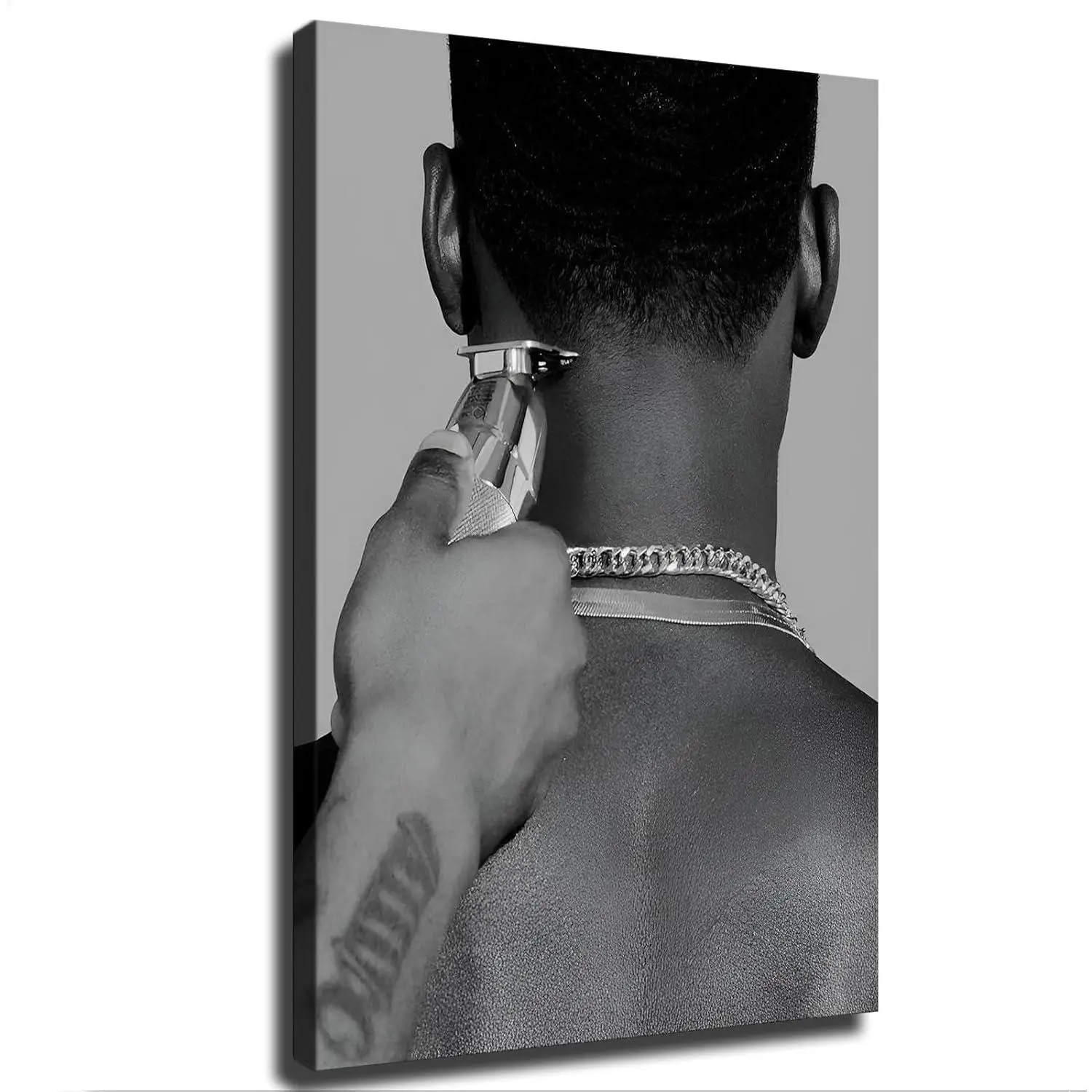 Black and White Back View Man's Hair Cutting Artistic Photorealism Poster - Hi-Res Image, High Detail Wall Art, Home Decor for Living Room, Bedroom Aesthetics, Haircut Scene