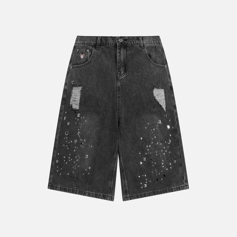 Aelfric Eden Rhinestone Washed Jorts Unisex Distressed Oversized Street Punk Black Denim Mid-Length Shorts Casual Embellished Pocket Badge Bottoms