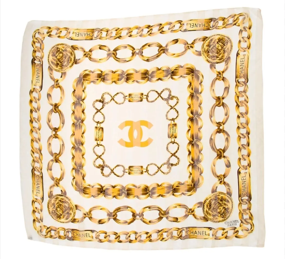 Pre-owned Silk Scarf Chanel Cream/Yellow "31 RUE CAMBON PARIS". #275