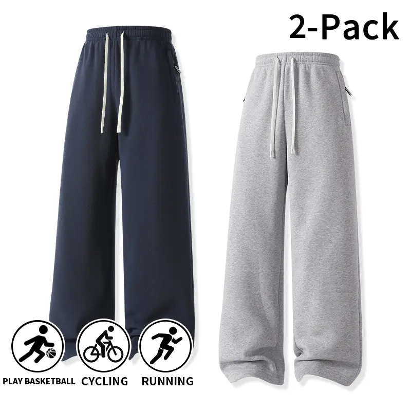 2 Pack Men’s Casual Warm Wide Leg Sweatpants with Zipper Pockets and Elastic Waist, Joggers for Basketball, Cycling, Running, Fall/Winter, Everyday Wear loose pant