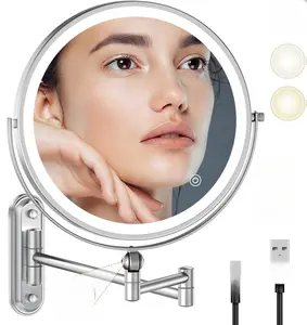 9" Wall Mounted Makeup Lighted Mirror, 4000mAh Rechargeable Double Sided LED Vanity Mirror with Height Adjustable&1X/10X Magnification, 3 Color Lights Touch Screen Dimmable 360°Swivel Bathroom Mirror