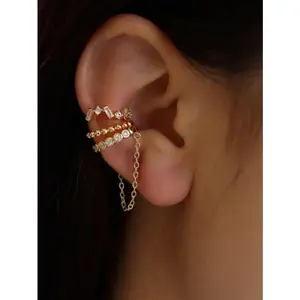 3Pcs Shiny Cubic Zirconia Clip On Earrings Set, Multi-Layer Stackable Chain Earrings, Stylish Jewelry Accessories for Women Daily Dating and Party Wear