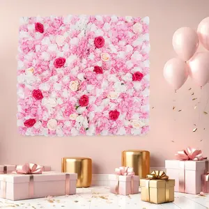 Artificial Flower Wall Panel 3x3ft Silk Rose Dahlia Hydrangea Backdrop for Wedding Party Home Decor Outdoor Indoor Photo Background DIY Green Pink