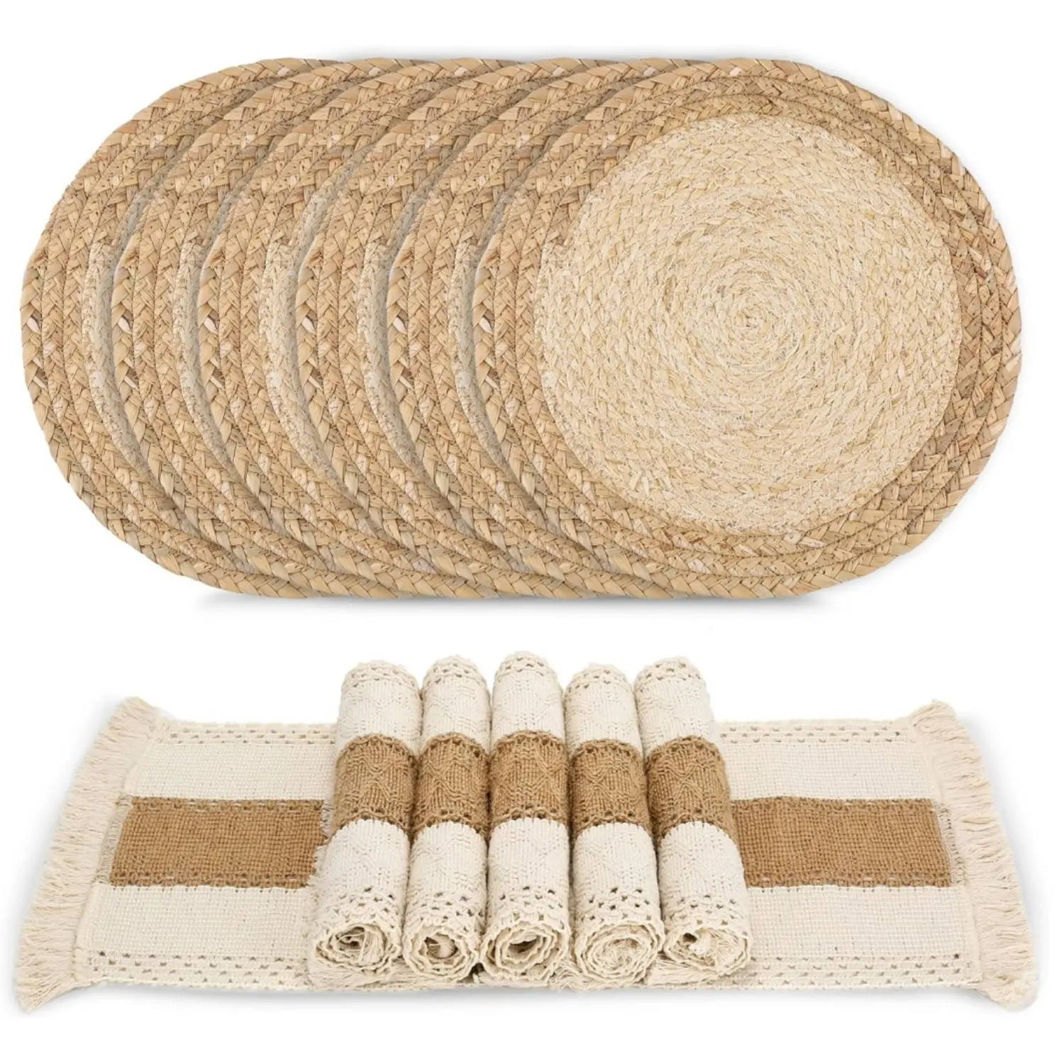 12Pcs Handmade Bohemian Woven Strips Round-Square Cotton Burlap-Water Straw Placemats Set - Macrame-Farmhouse Style Dining Table Decor, Unique Pieces for Wedding, Room Home Improvement, Birthday