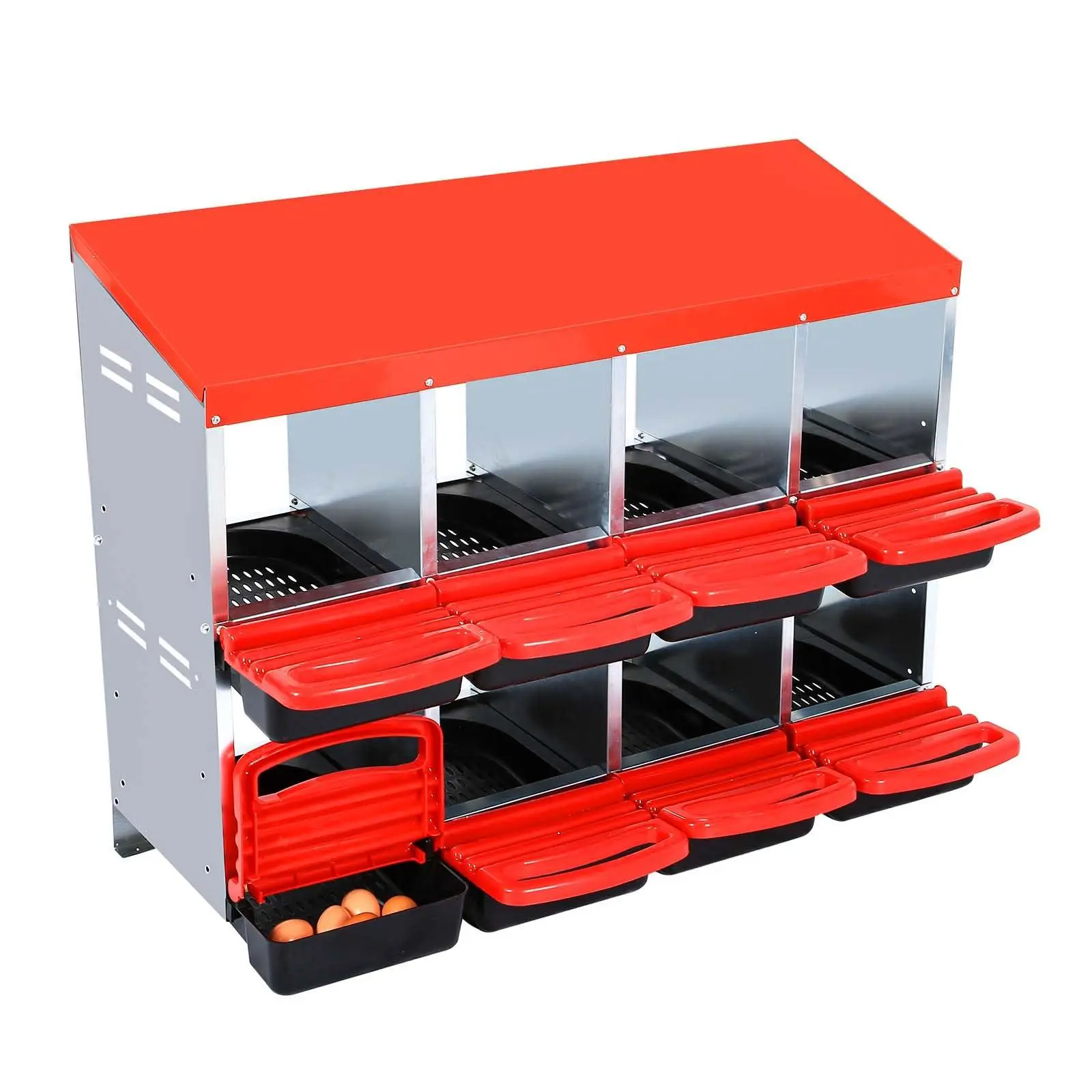 GAOMON 8 Compartment Chicken Nesting Box, Chicken Laying Box with Egg Collection, Roll Away Nesting Boxes without Leg, Metal Egg Laying Boxes for Chickens Coop, Duck Coops and Hens,Red