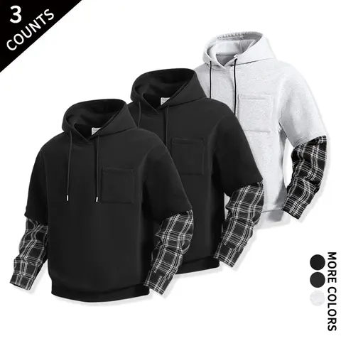 Men's 3-Pack Faux 2-Piece Plaid Patchwork Hoodies - Menswear Long Sleeve Pullover Sweatshirts with Adjustable Hood Drawstring, Pocket, Easy Care for Streetwear Daily Tops
