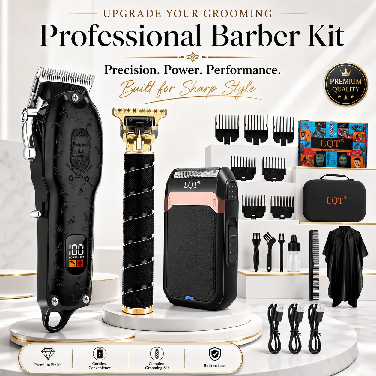 3-in-1 Professional Hair Clipper Kit for Men, Cordless Barber Grooming Set with Hair Clipper, T-Blade Trimmer & Foil Shaver, Complete Grooming Tools for Hair, Beard & Face Styling   lcd display  practical gift