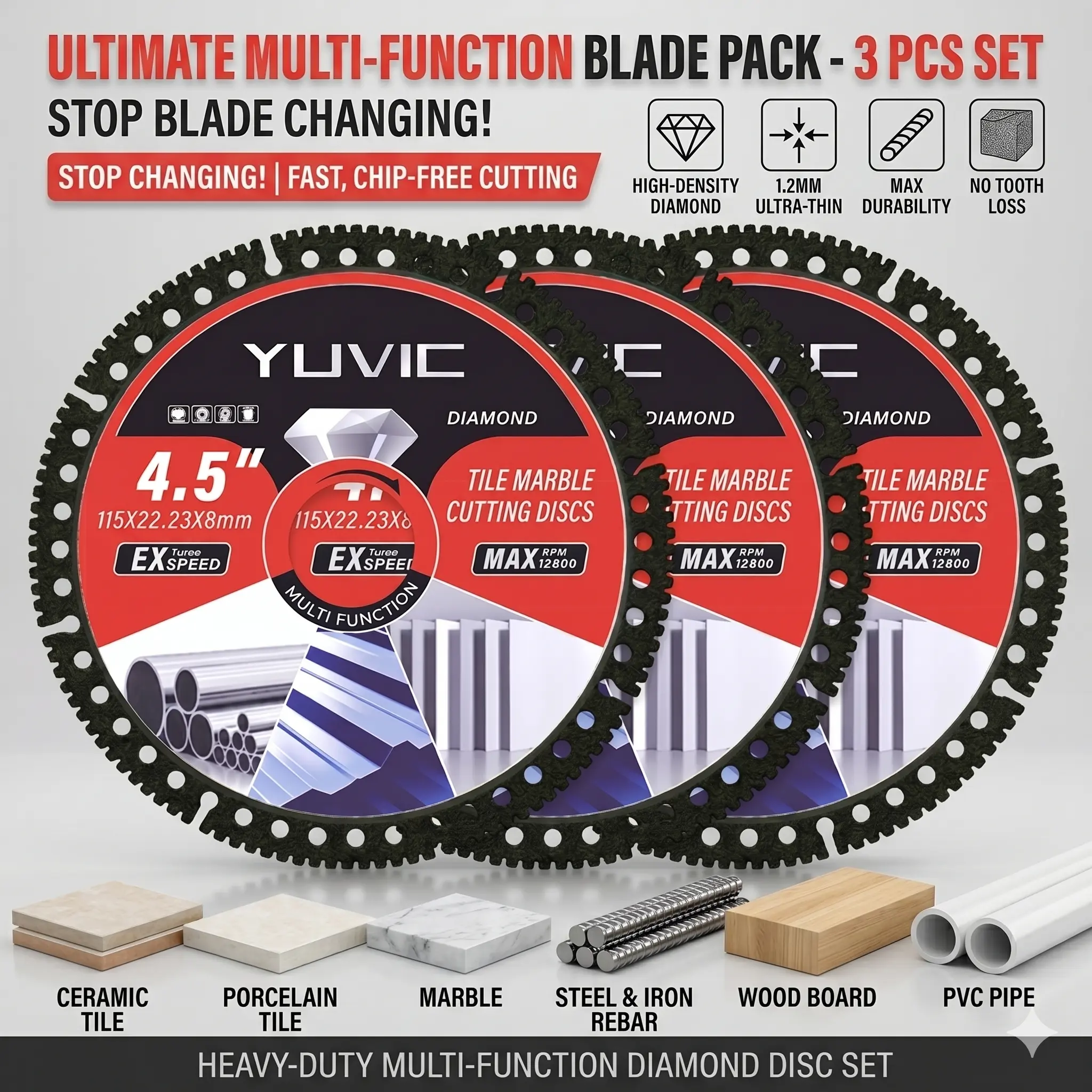 YUVIC 4.5" Diamond Cutting Blade (1PCS/3PCS) - No-Chipping Dry Cut Power Tool Accessory for Porcelain, Ceramic Angle Grinders