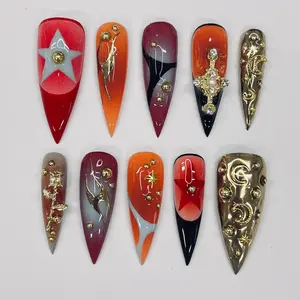 Bold Color Airbrush Long Stiletto Press On Nails, 3D Glam Goth False Nails for Birthday Event Party Holiday Vacation, Gifts for Her