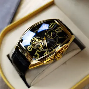 Barrel-Shaped Automatic Mechanical Watch Men's Genuine Leather Luminous Moon Phase Fashion Watch Classic Retro European American Style High-End Business